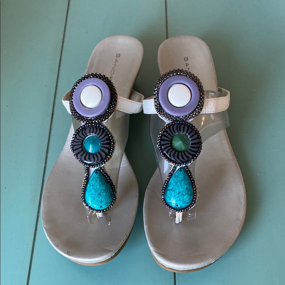 Bandolino Women's Sandals with Beaded Accents - White and Turquoise Blue 8.5